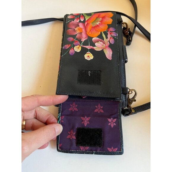 Anuschka Moonlit Meadow Floral Handpainted Leather Wallet Crossbody Bag Bifold - Picture 5 of 9